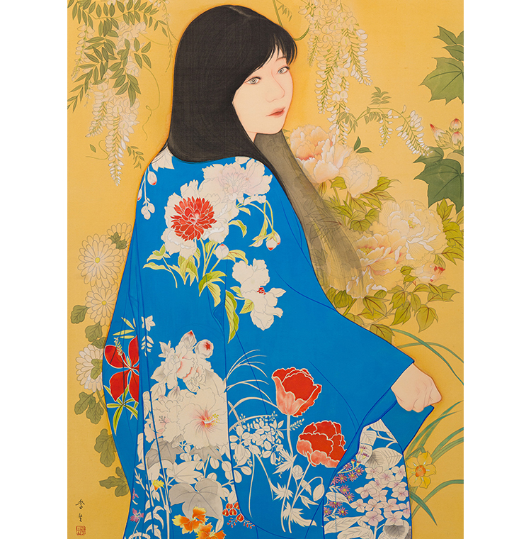 福田季生「百花図」(絹本彩色)2020年